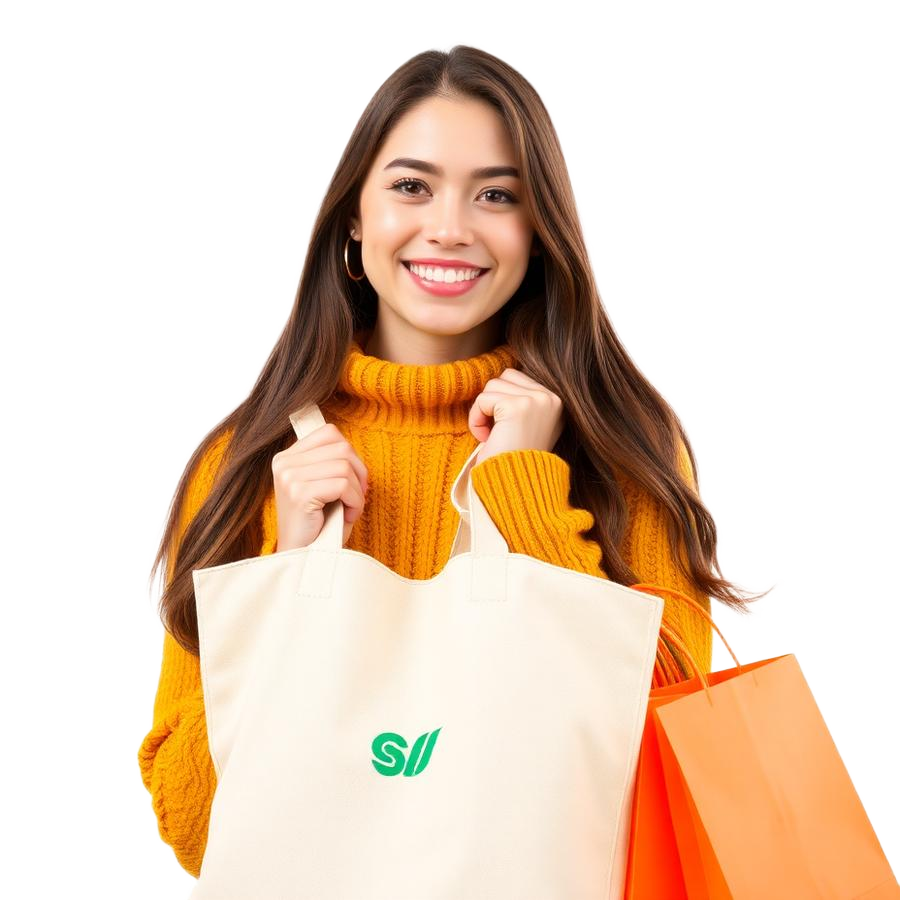 Joven feliz con bolsas de compra Shop and Help