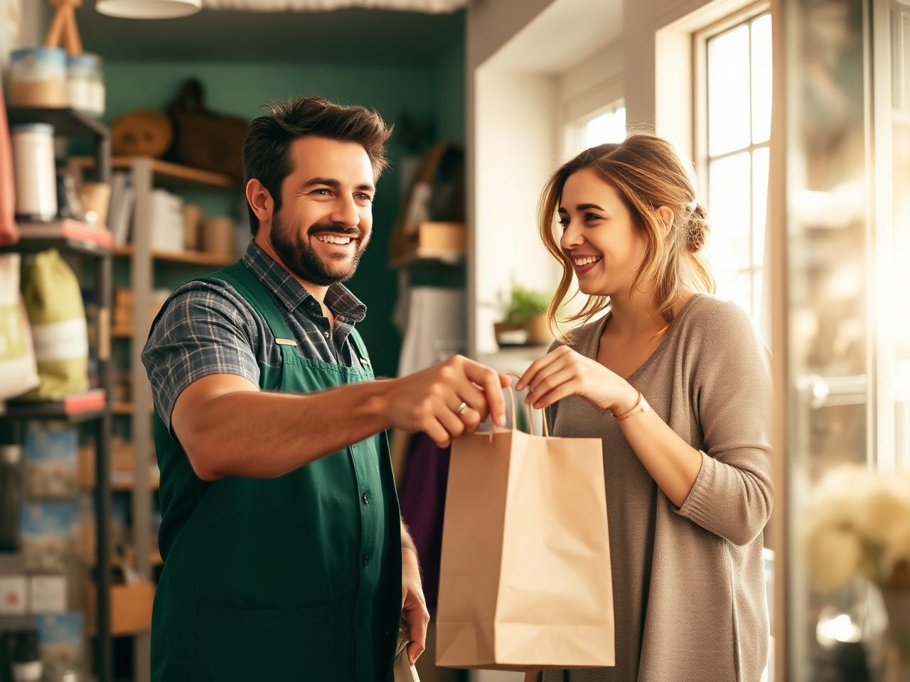 Comerciante entregando una bolsa a una compradora